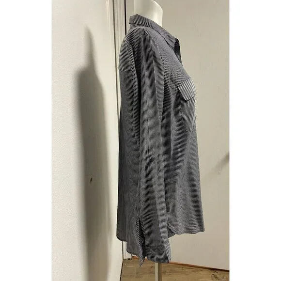 Express Womens Blouse Size Md Button Up Roll Tab Sleeve Grey/White Stripe - Picture 4 of 14